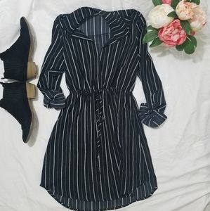 Lelis Dress Black Pinstripe Cinched Waist M NWOT
